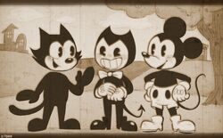  anthro bendy_and_the_ink_machine bendy_the_dancing_demon biped clothed clothing demon disney domestic_cat felid feline felis felix_the_cat felix_the_cat_(series) fingers fleischer_style_toon group male mammal mickey_mouse monochrome mouse murid murine open_mouth open_smile plant rodent smile spade_tail tail toony tree trio z-t00n 