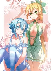  2girls absurdres bare_shoulders blonde_hair blue_eyes blue_hair blue_pajamas blue_thighhighs breasts green_eyes green_pajamas high_ponytail highres large_breasts leafa long_hair looking_at_viewer medium_breasts multiple_girls no_bra one_eye_closed pajamas ponytail revealing_clothes short_hair short_hair_with_long_locks sinon smile sword_art_online thighhighs tongue tongue_out yoru_kiri 