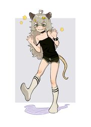  absurdres ahoge animal_ears black_camisole black_choker black_shorts borrowed_character bracelet camisole choker claw_pose commentary dolphin_shorts emoji_hair_ornament english_commentary female flat_chest full_body green_eyes grey_background grey_hair grey_socks hair_ornament highres jewelry long_hair looking_at_viewer macci_(opossumachine) meme multicolored_hair original parted_lips possum_ears possum_girl possum_tail shadow sharp_teeth shorts smile socks solo spiked_bracelet spikes star_(symbol) star_hair_ornament strap_slip tail teeth thabfu two-tone_hair uohhhhhhhhh!_(meme) white_background 