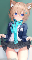  animal_ears black_skirt blanc_(neptunia) blazer blue_archive blue_eyes blue_jacket blue_necktie blue_scarf blush bow bow_panties brown_hair chalkboard clothes_lift commentary_request cosplay cross_hair_ornament embarrassed english_commentary fanbox_username female frown gabriel_evangel hair_between_eyes hair_ornament hands_up highres hip_focus id_card indoors jacket kemonomimi_mode lifting_own_clothes medium_hair miniskirt mixed-language_commentary necktie neptune_(series) open_clothes open_jacket panties patreon_username plaid plaid_skirt presenting scarf shiroko_(blue_archive) shiroko_(blue_archive)_(cosplay) shirt skirt skirt_lift solo sparkling_eyes thigh_gap thighs underwear white_panties white_shirt wolf_ears 