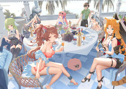  2boys 6+girls :d absurdres animal_ears arknights bare_shoulders bikini bison_(arknights) black_dress black_footwear black_hair black_headwear black_shirt black_shorts black_thighhighs blue_camisole blue_nails bottle bowing breasts brown_hair bryophyta_(arknights) cake camisole cat_ears center_opening ceylon_(arknights) ceylon_(holiday)_(arknights) chair checkered_floor cleavage closed_mouth commentary crossed_legs cup dress embarrassed eyewear_on_head eyjafjalla_(arknights) eyjafjalla_(summer_flower)_(arknights) feather_hair feet flower food gloves green_eyes green_hair green_shirt grey_hair hair_flower hair_ornament hand_fan hands_up hat headband highres holding holding_cup holding_fan holding_plate holding_utensil horns infection_monitor_(arknights) jacket legs long_hair looking_at_viewer multicolored_hair multiple_boys multiple_girls nail_polish off-shoulder_bikini off_shoulder official_alternate_costume open_clothes open_jacket open_mouth orange_bikini orange_hair outdoors palm_tree pink_bikini pink_eyes pink_flower plaid plaid_bikini plate polka_dot polka_dot_bikini poncirus_(arknights) ponytail red_headband rose sandals schwarz_(arknights) serving sheep sheep_ears sheep_girl sheep_horns shirt short_hair shorts single_glove sitting sleeveless sleeveless_dress smile snowsant_(arknights) sunglasses susukawa_(susucawa) sweat swimsuit swimsuit_cover-up swire_(arknights) swire_the_elegant_wit_(arknights) symbol-only_commentary table tablecloth tail thigh_strap thighhighs tiered_tray tiger_ears tiger_girl tiger_tail toenail_polish toenails toes tree two-tone_hair vase waitress white_flower white_gloves white_hair white_jacket white_rose white_shorts wide_shot 