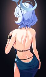  ako_(blue_archive) ako_(dress)_(blue_archive) back bare_back bare_shoulders black_background blue_archive blue_dress blue_hair blue_halo breasts butt_crack commentary_request dimples_of_venus dress evening_gown female from_behind gradient_background halo highres medium_breasts medium_hair official_alternate_costume pankeiki sideboob single_handcuff solo 