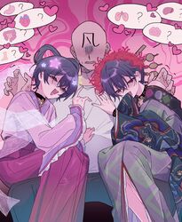  3boys blue_eyes blue_hair blue_pants brain charisma_house dual_persona faceless faceless_male feet flower grey_shirt hair_flower hair_ornament heart highres intestines japanese_clothes kidney kimono liver male_focus motohashi_iori multiple_boys official_alternate_costume pants poca_0422 red_flower shirt short_hair speech_bubble spider_lily stomach yaoi 