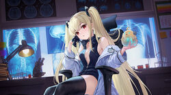  504_gateway azur_lane black_gloves black_thighhighs blonde_hair breasts desk_lamp female gloves highres indoors lamp long_hair looking_at_viewer manjuu_(azur_lane) microscope official_alternate_costume partially_unzipped red_eyes ribs small_breasts solo soobrazitelny_(azur_lane) soobrazitelny_(the_machinery_of_life)_(azur_lane) thighhighs twintails very_long_hair x-ray_film 