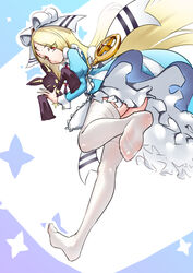  1other absurdres blonde_hair blue_dress closed_mouth dress feet female foot_focus foreshortening frilled_dress frills from_behind full_body hair_over_one_eye hair_ribbon highres juliet_sleeves kneepits large_ribbon legs long_hair long_sleeves looking_at_viewer looking_back mahou_shoujo_ni_akogarete morino_korisu nero_alice no_shoes one_eye_closed puffy_sleeves red_eyes ribbon shriohalfarm simple_background soles standing standing_on_one_leg striped_ribbon thighhighs toes venalita very_long_hair walking white_thighhighs 