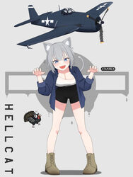  :d aircraft airplane animal_ear_fluff animal_ears atamonica black_shorts blue_eyes blue_jacket blunt_bangs boots breasts brown_footwear canopy_(aircraft) cat_ears cat_girl cat_tail claw_pose cleavage english_commentary english_text f6f_hellcat_(personification) female full_body grey_background grey_hair high-waist_shorts highres jacket legs medium_breasts military_vehicle open_mouth original personification propeller shirt short_hair shorts smile solo tail turkey_(bird) united_states_navy v-shaped_eyebrows vehicle_and_personification vehicle_name white_shirt 