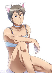  1boy animal_ears arm_at_side arm_on_knee artist_name backlighting bare_arms bare_legs beard_stubble bell blue_eyes bra cat_ears choker collarbone commentary_request cowlick dated facial_hair fake_animal_ears gochuumon_wa_usagi_desu_ka? highres kafuu_takahiro knee_up light_brown_hair lingerie looking_at_viewer male_focus mature_male messy_hair mustache_stubble neck_bell neki_(wakiko) official_style pectoral_cleavage pectorals shadow short_hair shoulder_strap simple_background sitting solo stubble thick_eyebrows toned toned_male twitter_username underwear what white_background white_bra white_choker white_fur 