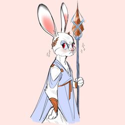  1:1 anthro clothed clothing dreamworks fan_character female fluffy frown hi_res holding_object lagomorph leporid life_(plobster) long_ears looking_back mammal pouting puss_in_boots_(dreamworks) rabbit red_eyes rowanrowlandridley simple_background solo sparkles standing white_background 