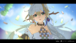  :&lt; arknights artist_name bare_shoulders bilibili blonde_hair blue_hair blue_sky branch collarbone earrings eyeliner female floating green_eyes grey_hair hair_between_eyes hair_ornament hair_stick head_tilt highres holding holding_sword holding_weapon jacket jewelry letterboxed lofter_logo looking_at_viewer makeup multicolored_hair necklace off_shoulder open_clothes open_jacket outdoors outstretched_arm parted_lips red_eyeliner red_pupils shirt shu_(arknights) sidelocks sky solo strapless strapless_shirt streaked_hair sword tassel tassel_earrings upper_body v-shaped_eyebrows weapon white_jacket white_shirt yiensnow 