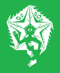  2015 5_eyes 5_fingers ambiguous_gender arm_around_waist asterozoan bent_arm deity digital_drawing_(artwork) digital_media_(artwork) echinoderm feral fingers front_view green_and_white green_background hand_on_chest hi_res humanoid marine monochrome multi_eye orthographic raised_hand scp-3125 scp_foundation sharp_teeth silhouette simple_background spines starfish sunnyclockwork teeth there_is_no_antimemetics_division vein 