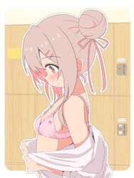  animal_print bare_shoulders blush border bra breasts brown_eyes cat_print changing_room closed_mouth commentary female from_side hair_between_eyes hair_bun hair_ornament hair_ribbon hairclip highres indoors light_smile locker locker_room looking_at_breasts looking_down medium_hair onii-chan_wa_oshimai! outline oyama_mahiro pink_bra pink_hair pink_ribbon profile ribbon shirt single_hair_bun small_breasts solo split_mouth tareme underwear undressing unkimo upper_body white_border white_outline white_shirt 