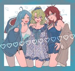  3girls ahoge amagi_rinne black_shorts blue_eyes blue_hair blue_jacket blue_shorts blue_tank_top breasts brown_cardigan cardigan character_name cleavage dppy_tmg dress ensemble_stars! genderswap_(mtf) green_eyes green_hair grey_dress grey_tank_top hand_on_own_hip highres jacket long_hair multicolored_clothes multicolored_dress multiple_girls pajamas purple_dress purple_eyes red_hair rule_63 shinkai_kanata shorts tank_top tomoe_hiyori 