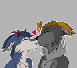  anthro black_nose blonde_hair blue_body blue_fur blue_hair boop brow_hair canid canine canis cute_fangs domestic_cat duo fangs felid feline felis fluffy fluffy_chest fluffy_ears fox fur grey_background grey_body grey_fur hair heart_symbol horn hybrid jaycemutt kissing love male male/male mammal mouth_closed neck_tuft nemejchyk nemejchyk_(artist) nose_boop orange_hair red_horn simple_background slim teeth tuft white_body white_fur wolf 