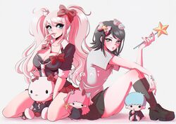  2girls bear_hair_ornament black_footwear black_shirt black_socks bow breasts candy candy_cane cleavage collarbone cosplay danganronpa:_trigger_happy_havoc danganronpa_(series) doll enoshima_junko enoshima_junko_(cosplay) food hair_ornament hairbow hand_up hello_kitty hello_kitty_(character) hello_kitty_hair_ornament highres holding holding_wand ikusaba_mukuro kiki_(little_twin_stars) knee_up lala_(little_twin_stars) large_breasts little_twin_stars looking_at_viewer looking_to_the_side miniskirt multiple_girls necktie ori_(oriorichannn) pink_bow pleated_skirt red_bow red_skirt sanrio shirt short_hair short_sleeves siblings simple_background sisters skirt smile socks twintails wand white_background white_necktie 