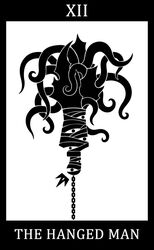  2015 black_and_white black_border border card card_template cecaelia chain_collar chains collar crown deity digital_drawing_(artwork) digital_media_(artwork) english_text fortune_telling hanged_king headgear humanoid king major_arcana male monochrome multi_eye roman_numeral royalty scp_foundation silhouette simple_background solo sunnyclockwork suspension tarot tarot_card tentacle tentacle_creature text the_hanged_man_(tarot) upside-down white_background white_text wrappings 