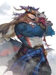  1boy abs absurdres adjusting_clothes adjusting_headwear animal_ears bara beard biceps blue_fur clothes_around_waist cowboy_shot empty_eyes facial_hair fang_out fox_boy fox_ears fox_tail from_side full_beard furry furry_male gradient_fur hat highres japanese_clothes jingasa kimono kuroshima_kurishiro_(muyi24108414) large_tail looking_at_viewer male_focus mature_male muscular muscular_male oerba_yun_fang open_hat orange_fur original ronin scar scar_on_face scar_on_mouth solo stomach streaked_beard strongman_waist tail thick_beard wind wolf_boy 