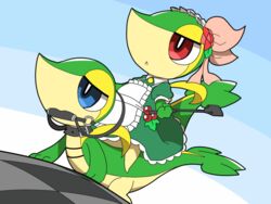  2015 4:3 ambiguous/ambiguous ambiguous_gender animated animated_png anthro apron blue_eyes bow_ribbon checkerboard_floor clothing collar crawling duo generation_5_pokemon green_body green_clothing hitting_another hm3526 holding_object loop maid_uniform mouth_closed multicolored_body nintendo open_mouth pokemon pokemon_(species) red_eyes riding riding_on_back short_playtime simple_background snivy tailbutt two_tone_body uniform white_apron white_clothing yellow_body 