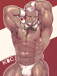  1boy abs arm_hair armpits arms_up bara beard bowtie_in_mouth briefs bulge chest_hair colonel_sanders cowboy_shot dark-skinned_male dark_skin facial_hair full_beard hairy highres kfc large_pectorals leg_hair male_focus male_underwear mature_male moustache muscular muscular_male navel navel_hair nipples old old_man onionworkshop paid_reward_available pectorals seductive_smile short_hair smile solo stomach thick_mustache thick_thighs thighs topless_male underwear veiny_pectorals white_male_underwear wrinkled_skin 