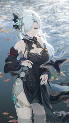  absurdres ancle_(aruncle) bare_shoulders black_dress breasts carp china_dress chinese_clothes cowboy_shot detached_sleeves dress female genshin_impact gradient_eyes grey_hair hair_ornament hair_over_one_eye highres lake large_breasts long_hair looking_at_viewer making-of_available multicolored_eyes official_alternate_costume shenhe_(frostflower_dew)_(genshin_impact) shenhe_(genshin_impact) sleeveless smile solo standing thighs very_long_hair white_hair 