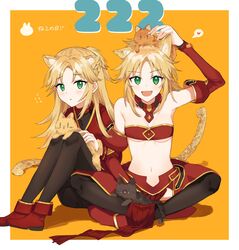  2girls age_comparison animal_ears cat_ears cat_girl cat_tail crossed_legs fate_(series) feline full_body green_eyes hand_up heart highres long_hair medium_hair midriff mordred_(fate) multiple_girls open_mouth rizu033 sitting spoken_heart tail 