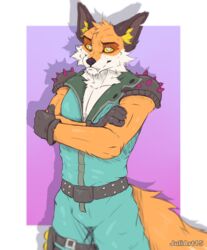  anthro belt canid canine clothing crossed_arms epic_games fennix_(fortnite) fortnite fox fur gloves handwear hi_res juliart15 latex latex_clothing looking_at_viewer male mammal orange_body orange_fur red_fox sharp_teeth simple_background solo spikes standing suit tail teeth true_fox white_body white_fur 