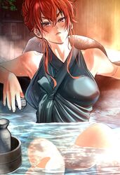  &gt;:( absurdres armpits bamboo_fence bare_arms bare_shoulders bathing black_tunic blush bottomless breasts bucket covered_nipples cup elbow_rest eris_greyrat female fence hair_up highres holding holding_cup kou_(spad7u59) large_breasts looking_at_viewer mushoku_tensei onsen partially_submerged red_eyes red_hair sakazuki short_hair_with_long_locks sitting solo stone_lantern tokkuri v-shaped_eyebrows water wet wooden_bucket 