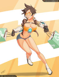  1girls 2d blizzard_entertainment brown_hair chronal_accelerator cleavage female female_only gloves goggles jacket navel overwatch overwatch_2 short_hair shorts sillygirl solo standing tracer tubetop visor 