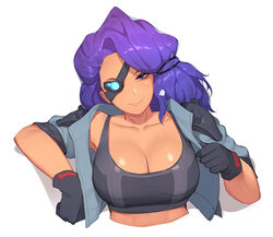  black_gloves black_sports_bra breasts cleavage closed_mouth cropped_jacket cropped_torso dark-skinned_female dark_skin eyepatch female gloves hand_up head_tilt jacket large_breasts league_of_legends long_hair looking_at_viewer mole mole_above_mouth one_eye_covered open_clothes open_jacket pepper0 purple_eyes purple_hair samira short_sleeves simple_background smile solo sports_bra tan upper_body white_background 