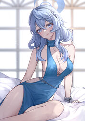  absurdres ako_(blue_archive) ako_(dress)_(blue_archive) bed_sheet black_hairband blue_archive blue_dress blue_eyes blue_hair blue_halo blush breasts cleavage closed_mouth collarbone cuffs dress female hair_between_eyes hairband halo highres indoors large_breasts long_hair oeun official_alternate_costume plunging_neckline shackles sleeveless sleeveless_dress smile solo 