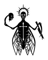  2015 4_wings 6_legs alternate_form arthropod arthropod_abdomen aureola bald black_and_white blood blood_on_knife blood_on_weapon bodily_fluids christianity cicada cross decapitation digital_drawing_(artwork) digital_media_(artwork) fangs feral front_view full-length_portrait hi_res holding_knife holding_object holding_severed_head human human_faced_feral humanoid_face insect_legs insect_wings insects knife looking_at_viewer male mammal monochrome multi_wing portrait religion scp-2852 scp_foundation severed_body_part severed_head silhouette simple_background solo spiked_aureola sunnyclockwork teeth weapon white_background wings 