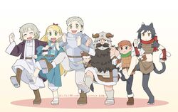  3boys 3girls :d :o absurdres animal_ears arm_guards armor asymmetrical_bangs barefoot beard belt_pouch black_hair blonde_hair blue_capelet blue_robe blush body_fur braid brother_and_sister brown_eyes brown_gloves brown_hair brown_skirt capelet cat_ears cat_girl cat_tail chilchuck_tims choker clenched_hand clenched_hands closed_eyes closed_mouth commentary covered_mouth crop_top dancing dated dungeon_meshi dwarf elf facial_hair facing_viewer fake_horns falin_touden falin_touden_(tallman) foot_up french_braid full_body fur_trim gloves gorget green_eyes green_scarf grey_hair halfling hand_up hands_up happy hashtag-only_commentary helmet highres hood hood_down hooded_capelet horned_helmet horns hyadain_no_joujou_yuujou izutsumi jacket kensuke_(dungeon_meshi) kicking knee_up laios_touden leather_armor lineup locked_arms long_beard long_hair long_sleeves looking_at_viewer marcille_donato midriff moustache multiple_boys multiple_braids multiple_girls nichijou no_headwear nose_blush open_mouth pants pants_tucked_in parody parted_bangs pauldrons plate_armor pointy_ears pouch purple_jacket red_scarf robe sandals scarf senshi_(dungeon_meshi) shirt shoe_soles short_hair shoulder_armor siblings side_braid skirt sleeveless smile sokina soles standing standing_on_one_leg style_parody sword tail undercut vambraces very_long_hair weapon white_background white_pants white_robe white_shirt winged_sword yellow_eyes 