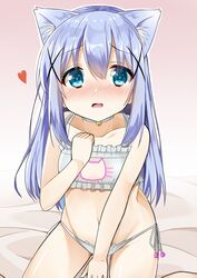  animal_ears bell blue_eyes blue_hair blush bra cacao_(chocolat) cat_cutout cat_ears cat_girl cat_lingerie choker cleavage_cutout clothing_cutout collarbone commentary_request female full-face_blush gochuumon_wa_usagi_desu_ka? groin highres jingle_bell kafuu_chino long_hair looking_at_viewer meme_attire navel open_mouth panties side-tie_panties sitting solo underwear underwear_only white_bra white_panties 