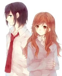  1boy black_hair blue_eyes brown_eyes brown_hair commentary_request female grey_sweater hori-san_to_miyamura-kun hori_kyouko katagiri_senior_high_school_uniform long_hair miyamura_izumi necktie purple_hair rian_(usamin228) school_uniform shirt short_hair simple_background smile sweater white_background white_shirt 