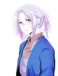  1boy androgynous arslan arslan_senki blue_eyes commentary_request earrings grey_hair jewelry male_focus napata short_ponytail solo 