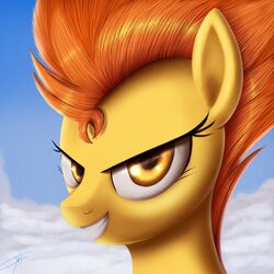  1:1 2016 amber_eyes cloud equid equine female feral friendship_is_magic fur hair hasbro horse jeki looking_at_viewer mammal multicolored_hair my_little_pony orange_hair outside pony sky smile solo spitfire_(mlp) teeth two_tone_hair wonderbolts_(mlp) yellow_body yellow_fur 