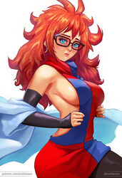  adapted_costume android_21 backless_dress backless_outfit bad_id bad_pixiv_id black-framed_eyewear black_pantyhose blue_eyes breasts brown_hair checkered_clothes checkered_dress commentary cowboy_shot curly_hair detached_sleeves dragon_ball dragon_ball_fighterz dress earrings english_commentary female glasses glint hoop_earrings jewelry koshio lab_coat large_breasts long_hair looking_at_viewer messy_hair multicolored_clothes multicolored_dress off_shoulder pantyhose photoshop_(medium) sideboob simple_background sleeveless sleeveless_dress solo twitter_username watermark web_address white_background 