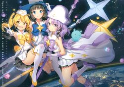  3girls :d absurdres anmi arm_up bare_legs black_hair blonde_hair blue_eyes blunt_bangs bow choker closed_mouth dress earrings girl_sandwich gloves hair_ornament hairbow hairclip hand_on_headwear hat highres hikaru_(houkago_no_pleiades) houkago_no_pleiades itsuki_(houkago_no_pleiades) jewelry leg_up long_hair low_twintails mini_hat multiple_girls nanako_(houkago_no_pleiades) official_art open_mouth pointing pointing_at_viewer ponytail purple_eyes purple_footwear purple_hair ribbon_choker sandwiched shoes short_dress smile socks space staff thick_eyebrows thighhighs twintails v white_dress white_gloves white_hat white_legwear wristband 