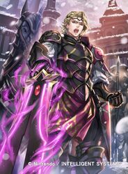  1boy armor blonde_hair commentary_request copyright_name faceless faceless_male fire_emblem fire_emblem_cipher fire_emblem_fates gloves helmet horse kuroba.k male_focus official_art open_mouth polearm red_eyes snowing spear sword teeth tiara weapon xander_(fire_emblem) 