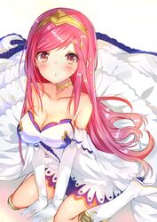  :o aozora_nan arriet_(shingeki_no_bahamut) blush boots breasts choker cleavage collarbone commentary_request dress elbow_gloves female gloves granblue_fantasy hairband high_heel_boots high_heels highres large_breasts long_hair open_mouth pink_hair red_eyes shingeki_no_bahamut simple_background sitting solo strapless strapless_dress tiara wariza white_background white_dress white_gloves 