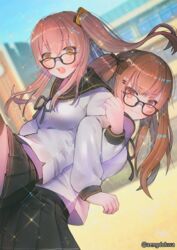  2girls :3 back-to-back bad_id bad_pixiv_id black_pantyhose black_ribbon black_skirt blurry blush breasts brown_eyes brown_hair building depth_of_field girls&#039;_frontline glasses hair_between_eyes hair_ornament hair_over_shoulder hair_ribbon hairclip hanato_(seonoaiko) jacket lifting_person locked_arms long_hair looking_at_viewer medium_breasts midriff_peek multiple_girls one_side_up open_mouth pantyhose pleated_skirt ribbon sailor sailor_collar scar scar_across_eye scar_on_face school school_yard skirt smile sparkle surprised thighhighs thighs twintails twitter_username ump45_(girls&#039;_frontline) ump9_(girls&#039;_frontline) wind wind_lift yellow_eyes 