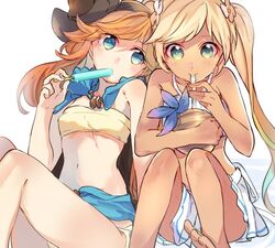  2girls barefoot bikini blonde_hair blue_eyes coconut commentary_request drinking_straw flower food fruit_cup granblue_fantasy green_eyes hair_flower hair_ornament hair_ribbon io_(granblue_fantasy) io_(summer)_(granblue_fantasy) mikan-uji multiple_girls navel official_alternate_costume orange_hair popsicle ribbon sara_(granblue_fantasy) sitting swimsuit tan 