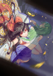  2girls absurdres bad_id bad_pixiv_id barefoot black_hair blue_eyes bow bug butterfly checkered detached_sleeves frog_hair_ornament green_hair hair_ornament hair_ribbon hair_tubes hakurei_reimu highres hoshimawa kochiya_sanae long_hair long_sleeves looking_at_viewer midriff multiple_girls photoshop_(medium) profile red_eyes ribbon shirt skirt smile touhou wide_sleeves 