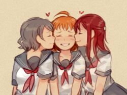  3girls ahoge beige_background blush commentary_request double_cheek_kiss girl_sandwich grey_hair grin hair_ornament hairclip half_updo happy heart idk-kun kissing kissing_cheek long_hair love_live! love_live!_sunshine!! multiple_girls neckerchief orange_hair red_hair red_neckerchief sakurauchi_riko sandwiched school_uniform serafuku short_hair short_sleeves smile takami_chika upper_body uranohoshi_school_uniform watanabe_you yuri 