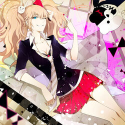  ;) big_hair black_bra black_jacket blonde_hair blue_eyes bra breasts cleavage collarbone commentary_request danganronpa:_trigger_happy_havoc danganronpa_(series) enoshima_junko female fingernails grey_necktie grin hair_between_eyes hair_ornament hair_ribbon jacket long_hair medium_breasts miniskirt monokuma nail_polish necktie one_eye_closed photoshop_(medium) pleated_skirt rabbit_hair_ornament red_nails red_ribbon red_skirt ribbon sharp_fingernails shirt skirt sleeves_rolled_up smile solo striped striped_necktie twintails underwear very_long_hair white_ribbon white_shirt zxs1103 