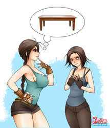  2girls bare_shoulders belt blue_background bra_strap braid breast_conscious breasts brown_hair collarbone commentary cowboy_shot dual_persona fingerless_gloves glasses gloves hair_tie hands_on_own_chest highres jago_dibuja lara_croft large_breasts leotard leotard_under_clothes long_hair looking_down multiple_girls pants photoshop_(medium) ponytail short_shorts shorts sidelocks small_breasts smile table tank_top thought_bubble tomb_raider tomb_raider_(reboot) white_background 