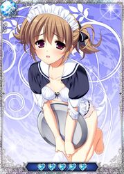  black_ribbon bra brown_eyes brown_hair card_(medium) collarbone female grisaia_(series) grisaia_no_kajitsu hair_ribbon irisu_makina looking_at_viewer maid maid_headdress open_mouth ribbon short_hair solo underwear white_bra 