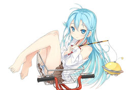  bare_legs bare_shoulders barefoot blue_eyes blue_hair blue_nails commentary denpa_onna_to_seishun_otoko feet female light_smile long_hair nail_polish off_shoulder panties photoshop_(medium) school_uniform shitou_(1992116210) solo striped_clothes striped_panties toenail_polish toenails toes touwa_erio ufo underwear 