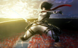  amrrr belt black_hair cloud commentary_request dual_wielding female highres holding holding_weapon mikasa_ackerman outdoors paradis_military_uniform photoshop_(medium) scarf scenery shingeki_no_kyojin sky solo sun sword thigh_strap three-dimensional_maneuver_gear twilight uniform weapon 