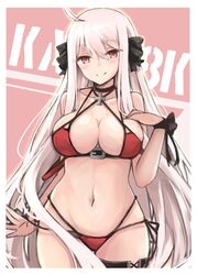  ahoge alternate_costume belt bikini black_choker black_ribbon blush boots breasts character_name chinese_commentary choker cleavage closed_mouth collarbone commentary_request cross cross_choker female girls&#039;_frontline hair_between_eyes hair_ornament hair_ribbon hakuya_(white_night) hand_on_own_chest iron_cross kar98k_(girls&#039;_frontline) large_breasts long_hair looking_at_viewer navel open_mouth red_bikini red_eyes ribbon side-tie_bikini_bottom simple_background skindentation smile solo swimsuit thigh_boots thighhighs very_long_hair white_hair wrist_ribbon 