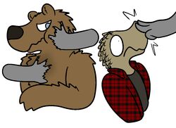  2016 aliasing anthro bear brown_body brown_fur clothed clothing digital_media_(artwork) disembodied_hand flannel fur group lizard male mammal pattern_clothing pattern_topwear perspective-incorrect_clothing perspective-incorrect_plaid perspective-incorrect_shirt perspective-incorrect_texturing perspective-incorrect_topwear plaid plaid_clothing plaid_topwear reptile scalie shirt simple_background topwear trout_(artist) trout_(character) 